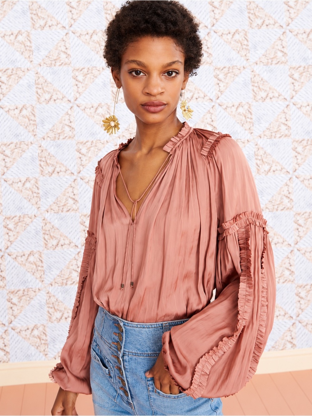 Ulla Johnson Maeve Ruffle Satin Blouse Copper Dusty Rose Size 4